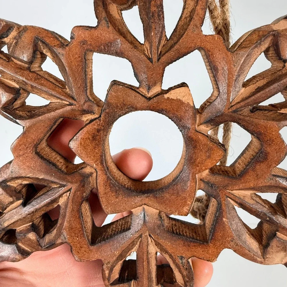 Hand Carved Wooden Star / snowflake Ornament Rustic‎ Boho Decor